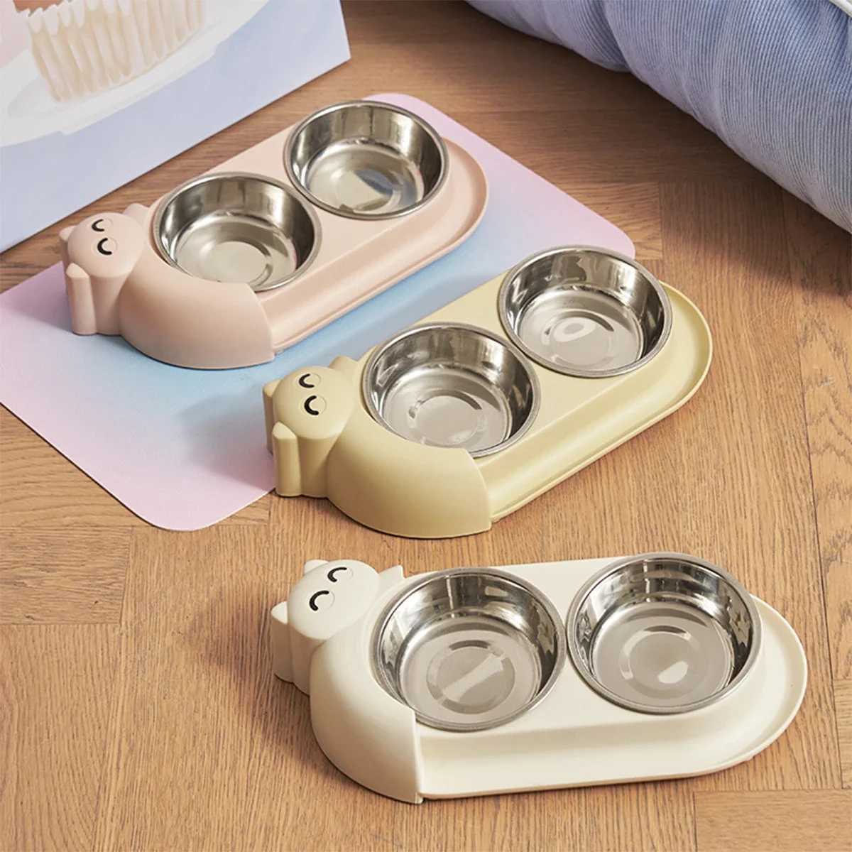 One piece multifunctional pet double bowl cartoon containing stainless steel bowl pet food utensils pet feeding water feeding J251113