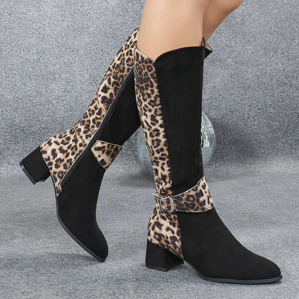 Women's Chunky Mid-Heel Leopard Print Patchwork Knight - Pointed Toe Winter Zipper Boots With TPU Sole, Black Tan Fabric Upper For Casual & Forma