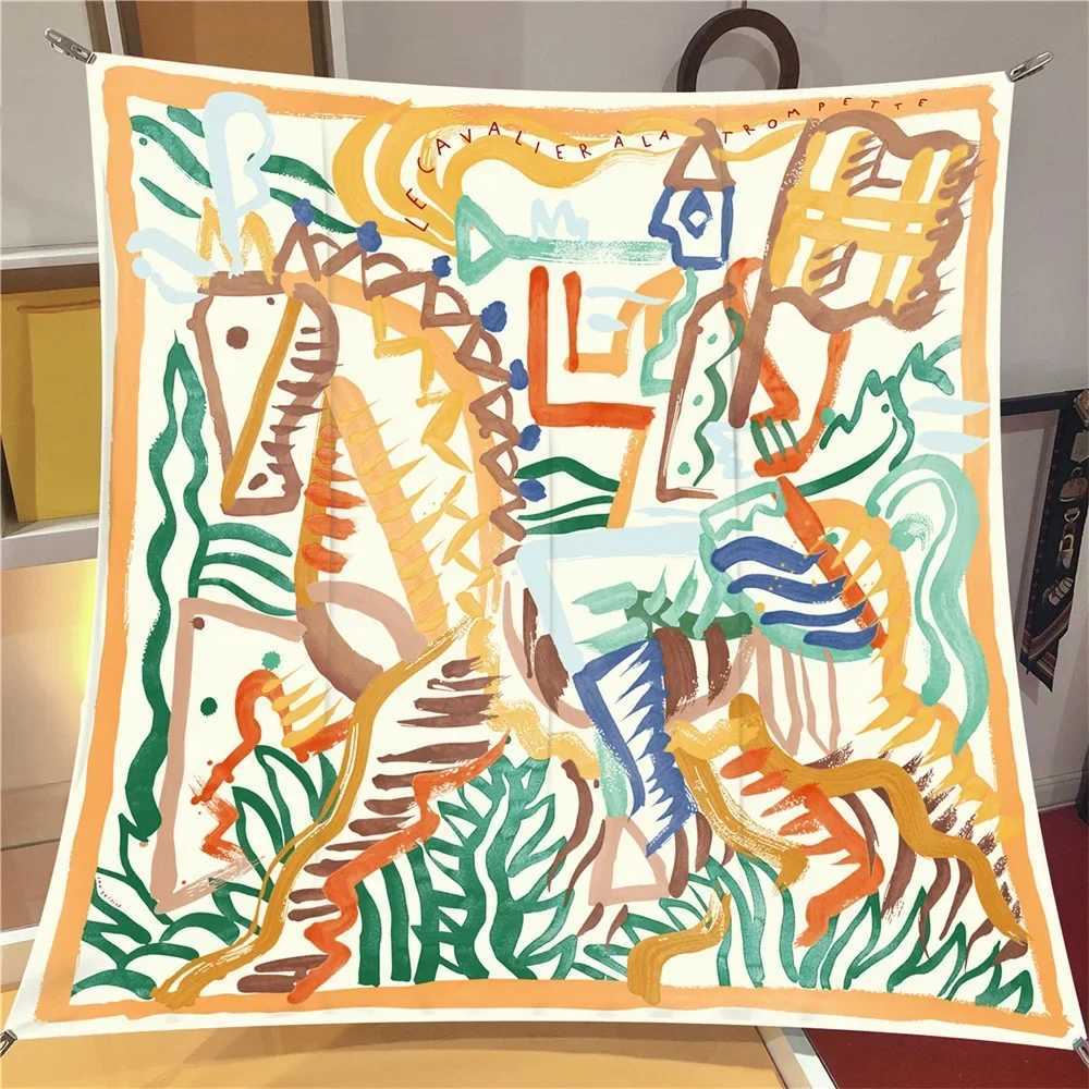 HandPainted Graffiti Horse Womens Versatile Sunscreen Shawl Large Square Scarf Shoulder Wrap Fashionable Autumn New ArrivalW251029