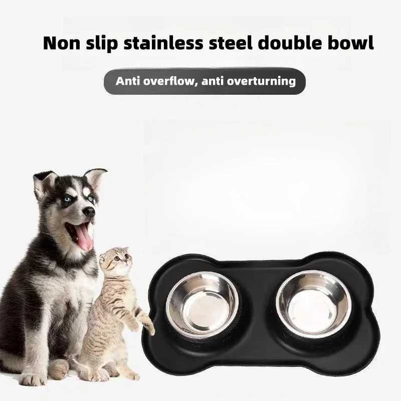 Pet supplies food utensils stainless steel folding dog bowl cat bowl placemat silicone double bowl leakproof easy to clean J251113