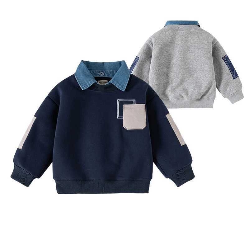 Fleece Padded False Denim Kids Tops Sweatshirt Patchwork Style Fashion Warm Kids Boys Pullover Casual Coat for WinterT251030