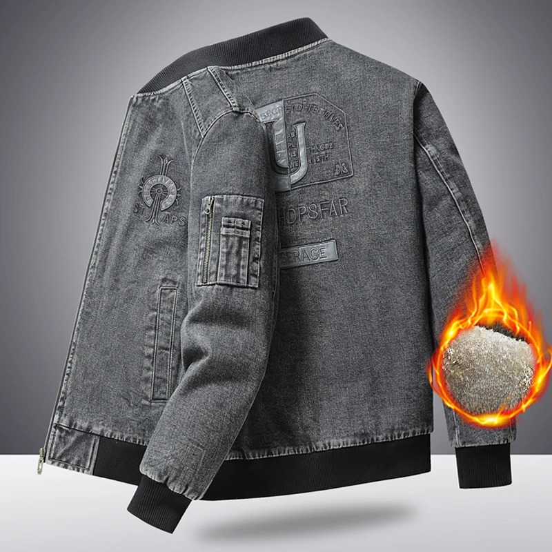 Retro Men Cargo Denim Jacket Autumn Winter Embroidered Plus Velvet Fashion Casual Male Coat Warm Trend Versatile Top Clothes 251023