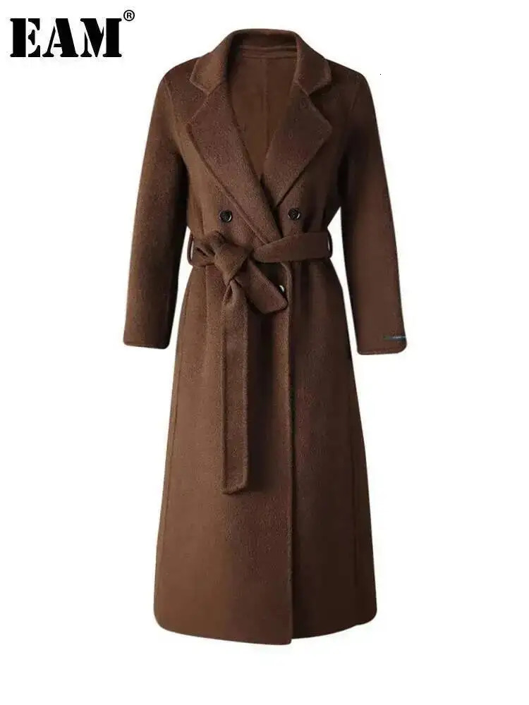EAM Brown Belted Big Size Long Elegant Woolen Coat Lapel Sleeve Women Jacket Fashion Autumn Winter 2025 CPG4131 251010