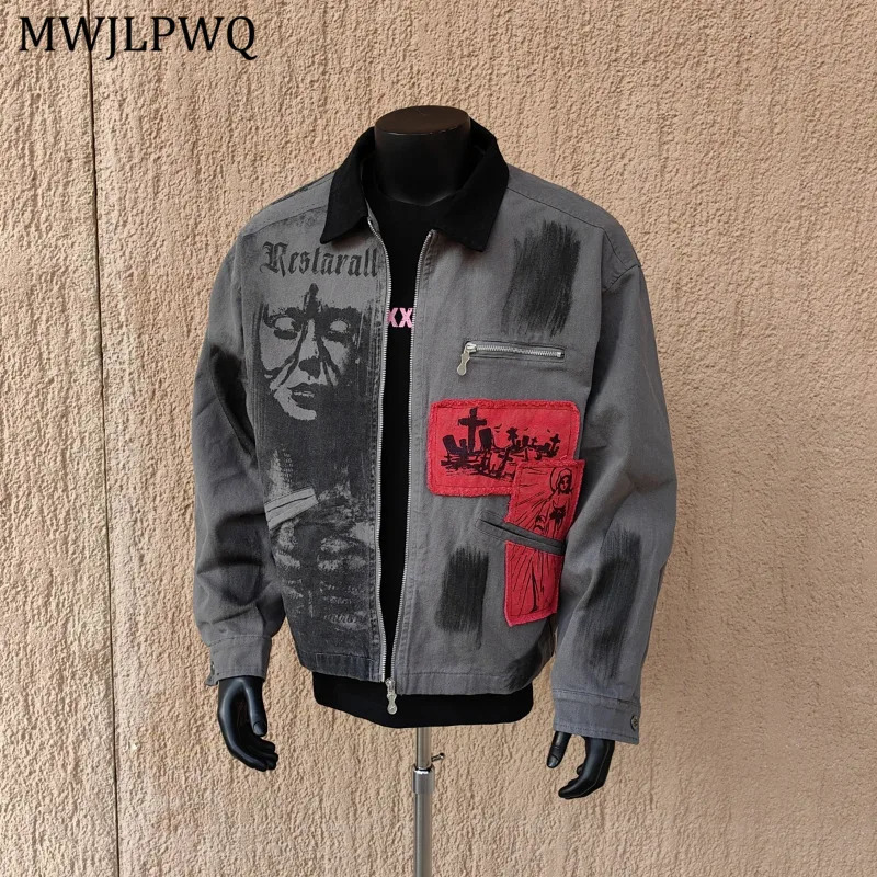 MWJLPWQ Trendy Patch Spliced Workwear Jacket Men Printed Niched Autumn Street Style Couple Laple Zipper Coat 11150 251023