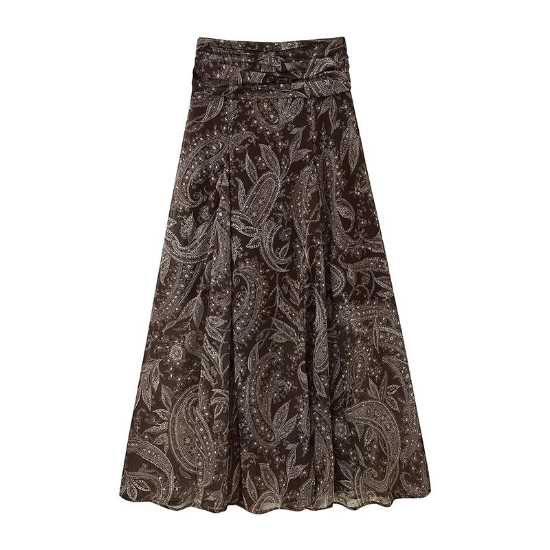 Ruffles Pleated Long Skirts For Women Fashion 2025 Vintage Printed Midi Skirt High Street Casual Chic Party Skirts 251028
