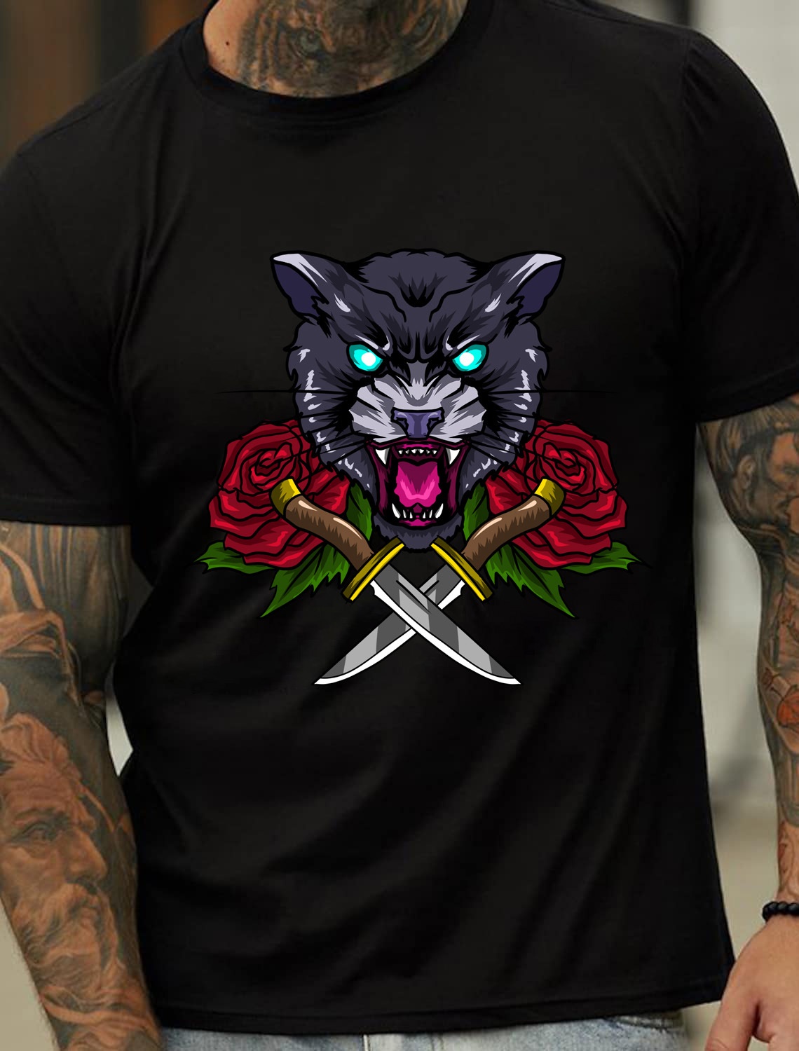 European and American Oversized Animal Print Leopard Head Rose Floral Men's Cotton Summer T-Shirt - TT7060