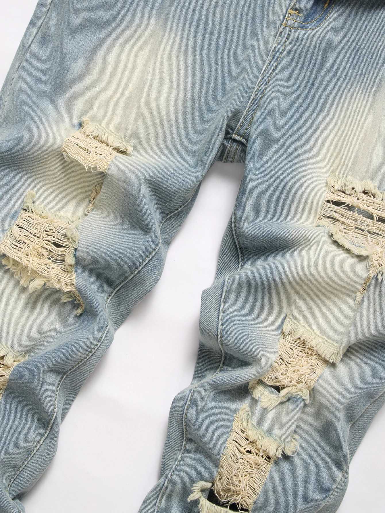 Vintage Streetwear Mens Jeans Relaxed Fit Distressed Washed Blue Mid Waist Denim Pants Straight Leg Ripped Casual Male Clothing J251030