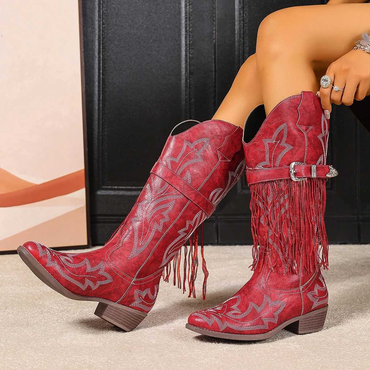 Embroidered buckle tassel western comfortable stylish versatile vacation cowboy boots for women Z251029