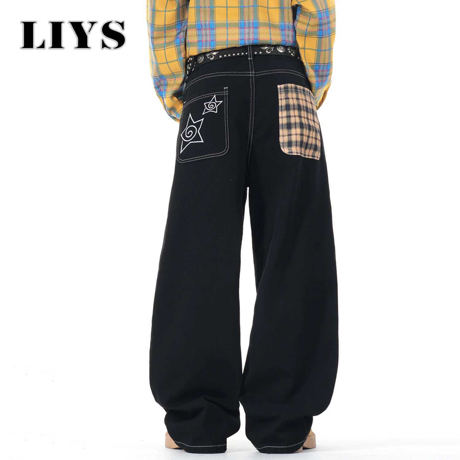 Mens American Retro Street Vibe Design Bagy Wide Leg Jeans Embroidered Checkered Splicing Unisex Bad Boy Charm Denim Pants J251030