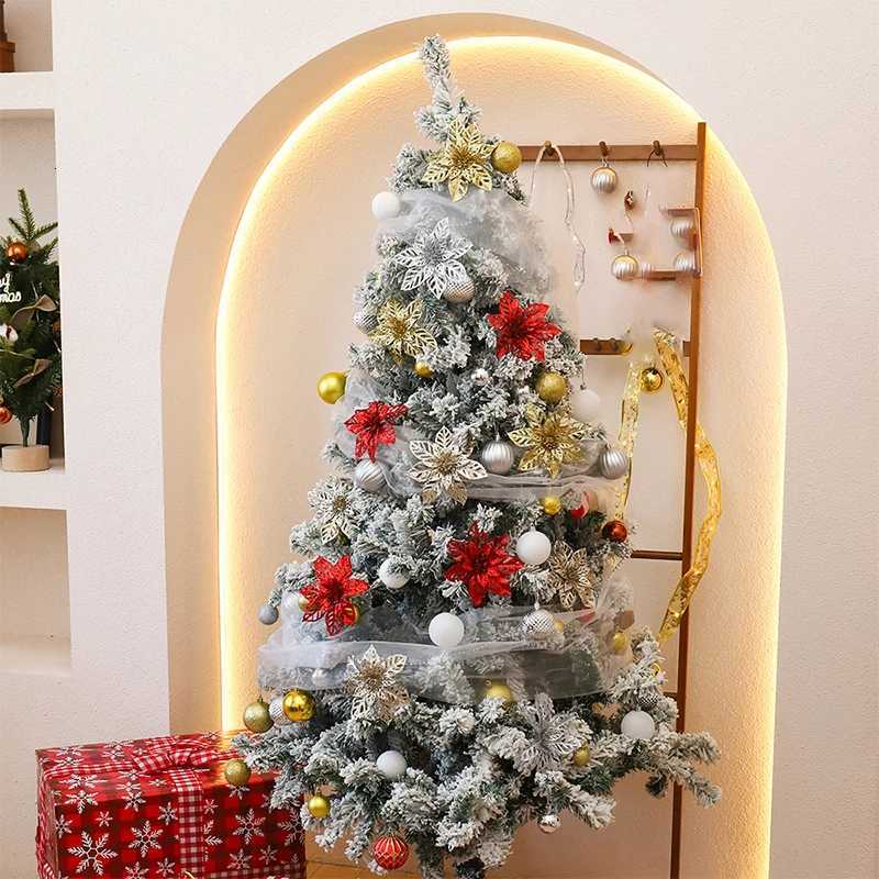 1Pcs Glitter Artifical Christmas Flowers Christmas Tree Wreath Decor Fake Flowers Xmas Garland Ornaments 2025 New Year Navidad C251030