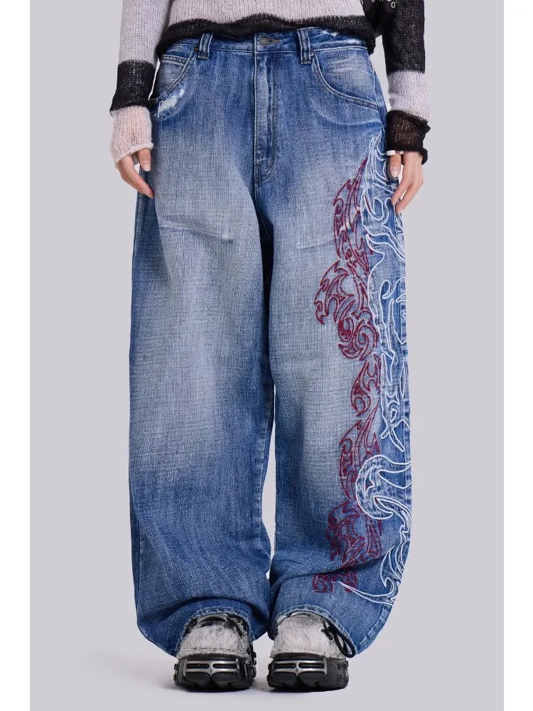 HOUZHOU Y2k Graphic Embroidery Vintage Women Jeans Oversized Hip Hop American Style Streetwear Wide Leg Denim Trousers Harajuku 251029