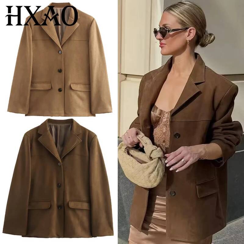 winter jacket women HXAO Women's Suede Jacket Spring 2025 Outerwears Brown Long Sleeve Blazer Vintage Solid Fitted Coat Old Money Jackets 066