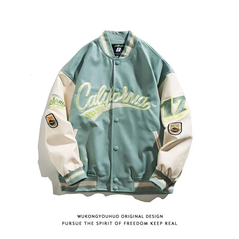 Trendy Mens PU Leather Baseball Jacket Spring Autumn Loose Couple Pilot Coat Embroidered Outerwear Casual 251028