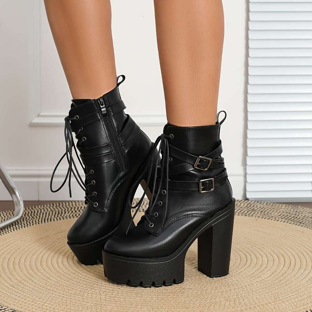 Women's Round Toe Platform Ankle Boots Buckle Detail - Chunky High Heel Booties With Side Zipper, Non-Slip Sole, Fabric Insole, Man-Made Upper PU