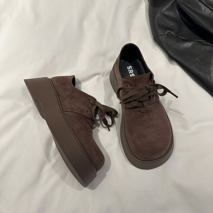 Vintage shoes autumn fashion small man height muffin loafers round toe lace-up platform single shoe trend2025