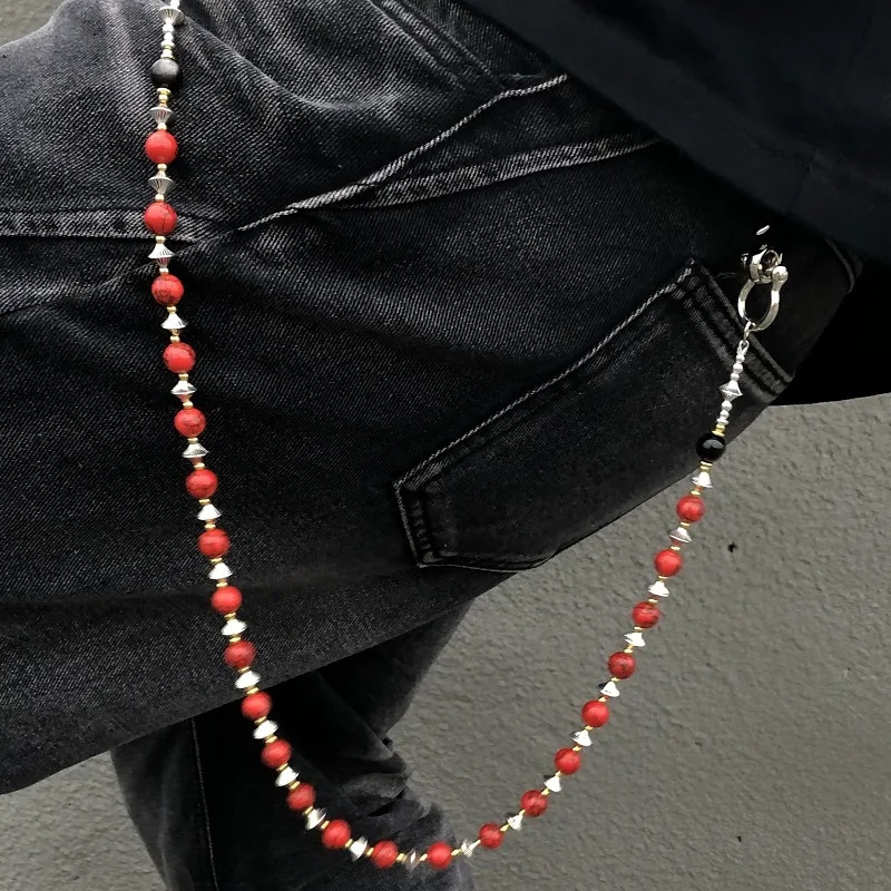 Handmade red stone bead niche American style pants chain punk street trend waist accessory 251021