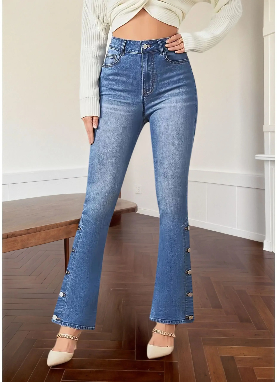 Y2k Jeans For Woman Flared Trousers Vintage Inspired Elegant Look Stretch Fabric Machine Washable Denim Pants Retro Style 251029
