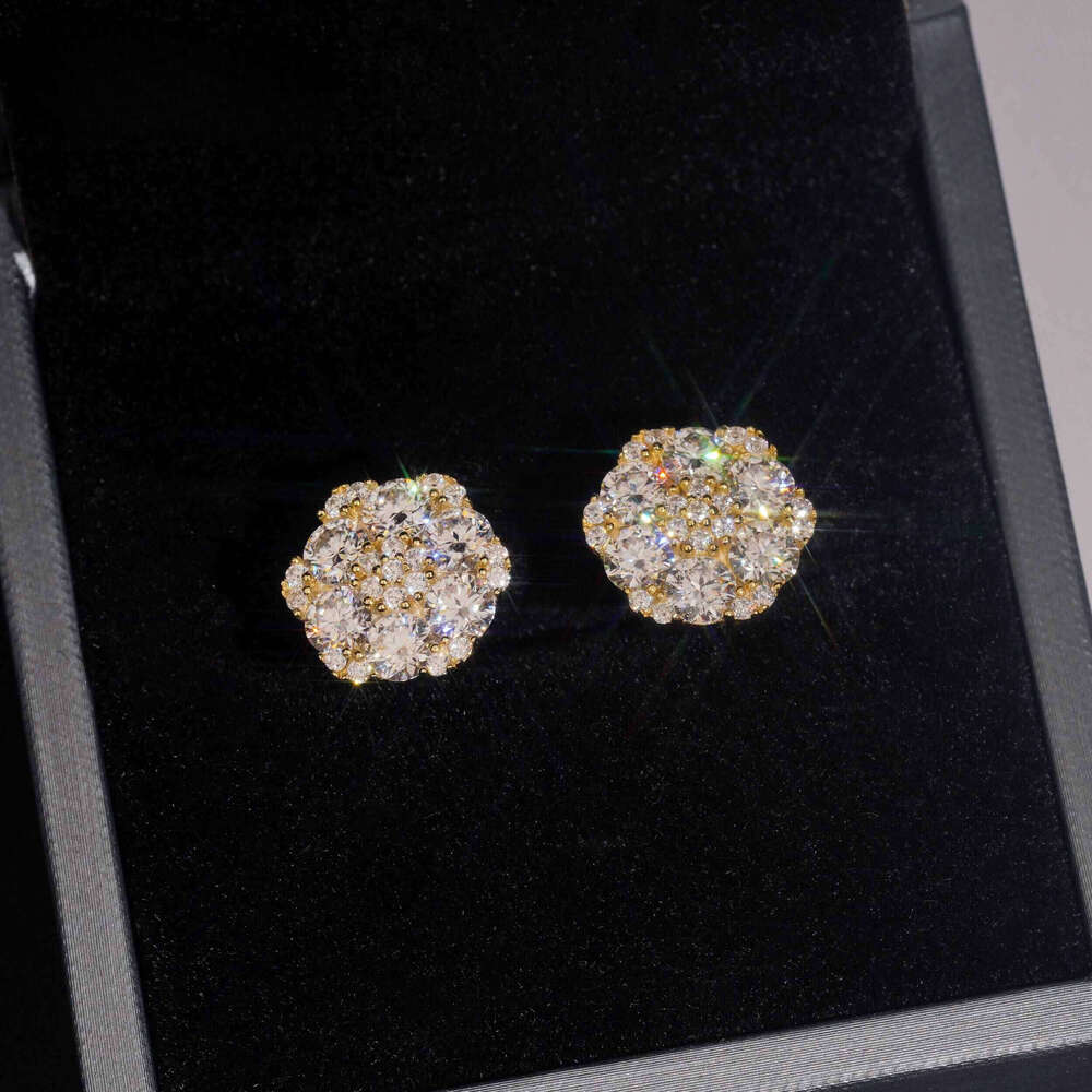 New hot sell by tester Hip hop Sier gold-plated VVS Dia diamond flower stud cluster Christmas gifts