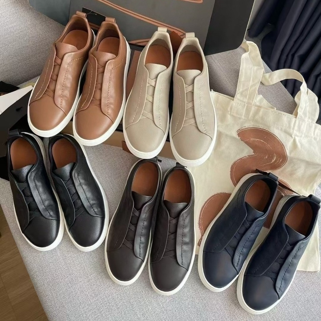 Top quality Fashion Designer Trainer sneakers Triple Stitch low-top lace up calfskin real leather flats casual shoe Men's best quality factory footwear