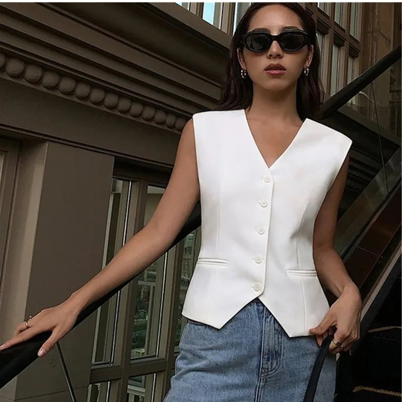 Summer Solid Color Simple Clip Suit Vest Fashion and Versatile Short Cardigan Vests Black White Cardigan Female 251029