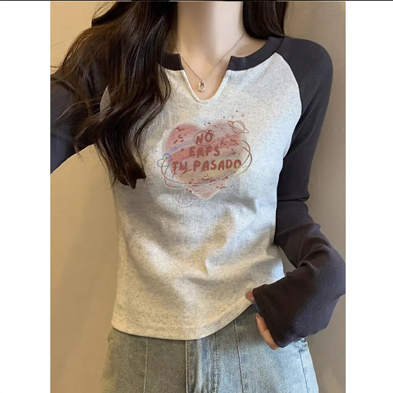 2025 Spring & Autumn Colorblock Raglan Sleeve American Retro Innerwear Base Layer T-Shirt Women's Print Slimming Top
