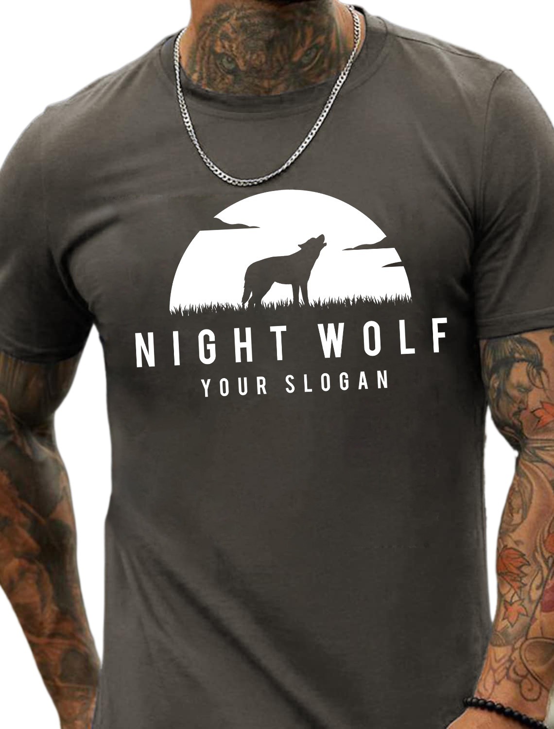 European & American Oversized Men's Cotton Summer T-Shirt with Howling Wolf Print Under the Full Moon - TT7188