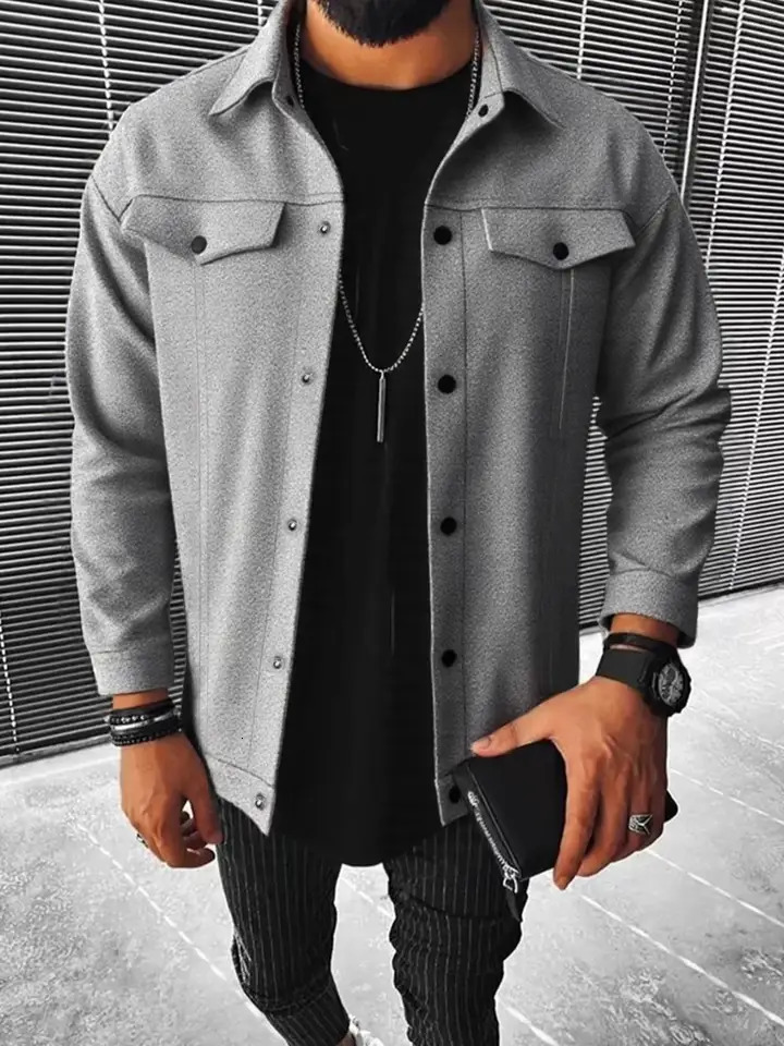 Autumn Mens Woolen Jacket Solid Color Coat Collar Button Front Flip Pocket 251029
