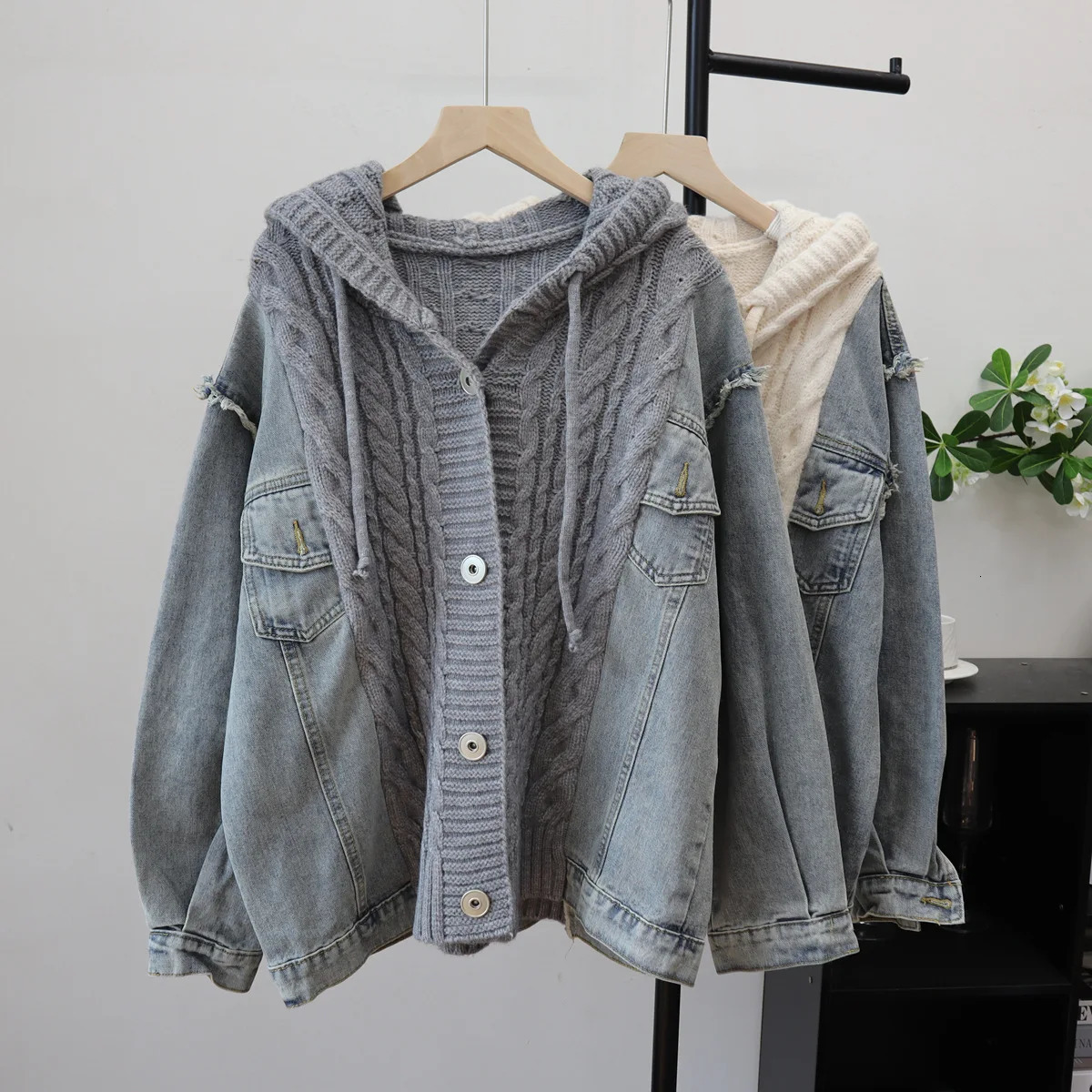 Women Jeans Spliced Sweaters Cardigan Cable Knitted Jumpers Hooded Long Sleeves Single Breasted Loose Y2k Autumn Winter 2025 251029