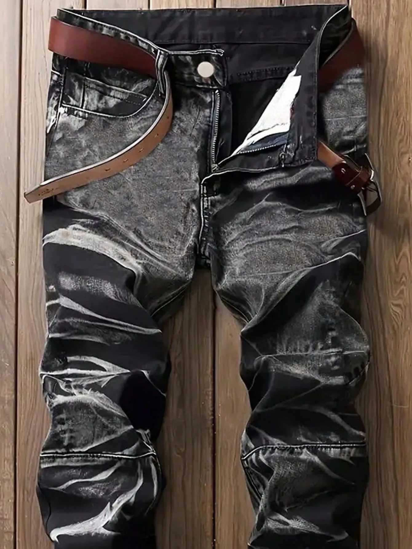 Mens Jeans Black And White Slim Fit Stretch Denim Pants Casual Mid Waist Spring Trousers J251030