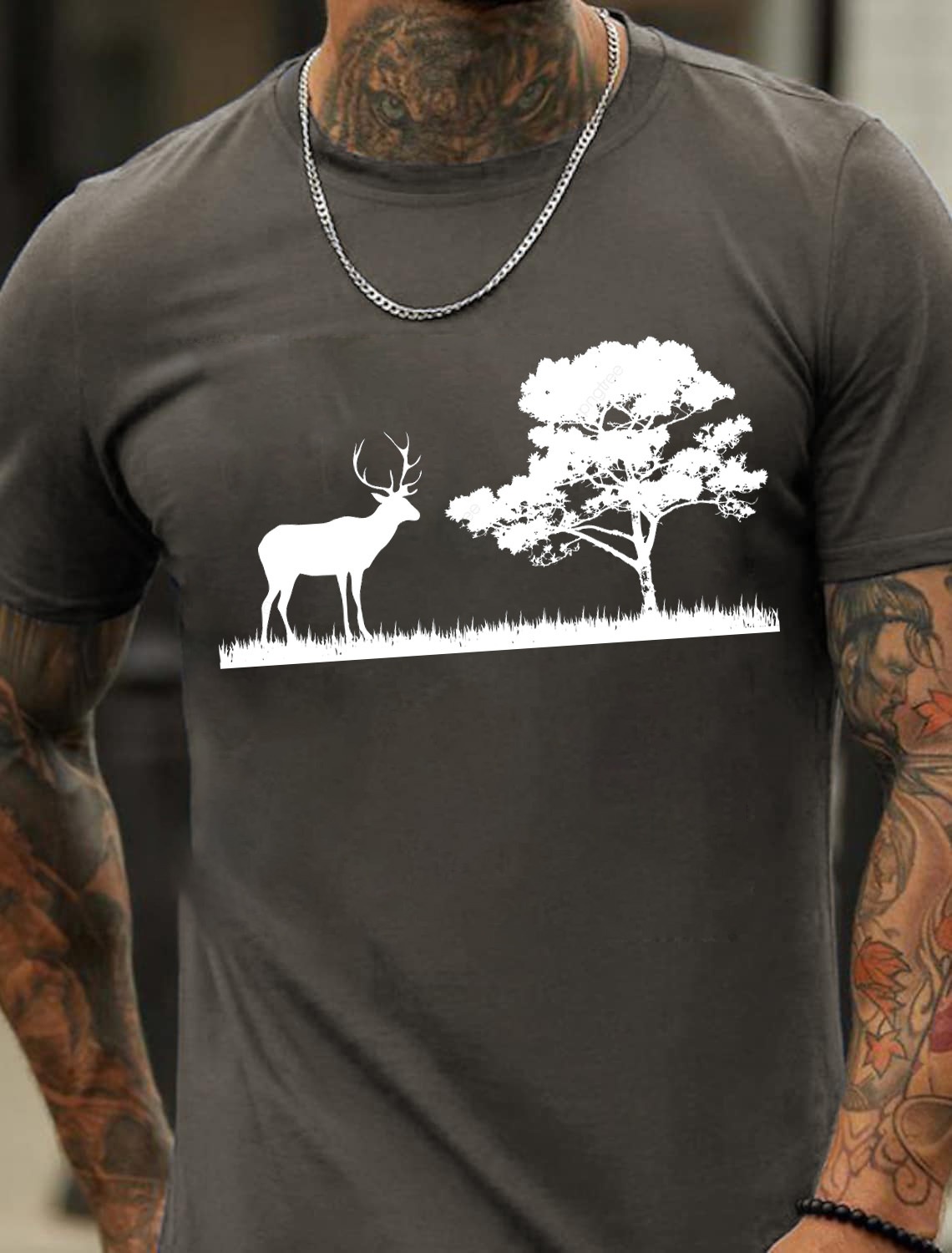 European and American Oversized Forest and Deer Print Men's Cotton Summer T-Shirt - TT7190