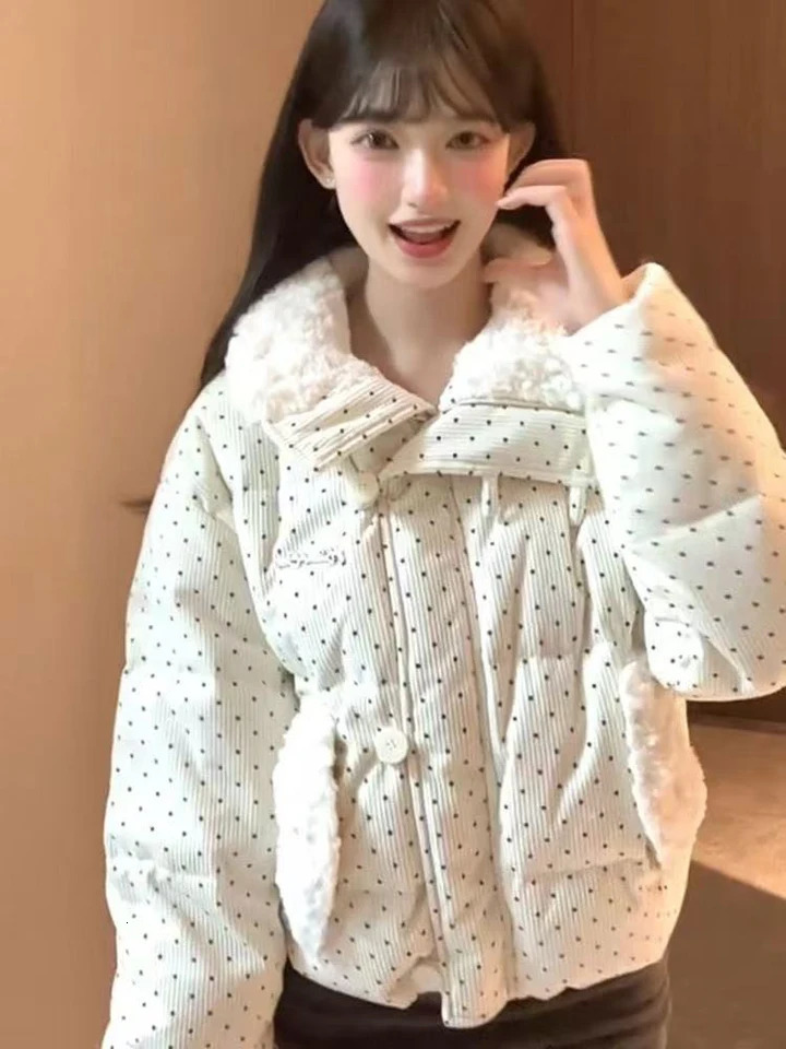 Sweet Polka Dot Parkas Women Winter Loose Casual Thicken Button Patchwork Puffy Coats Korean Fashion Fur Collar Female Outwear 251030