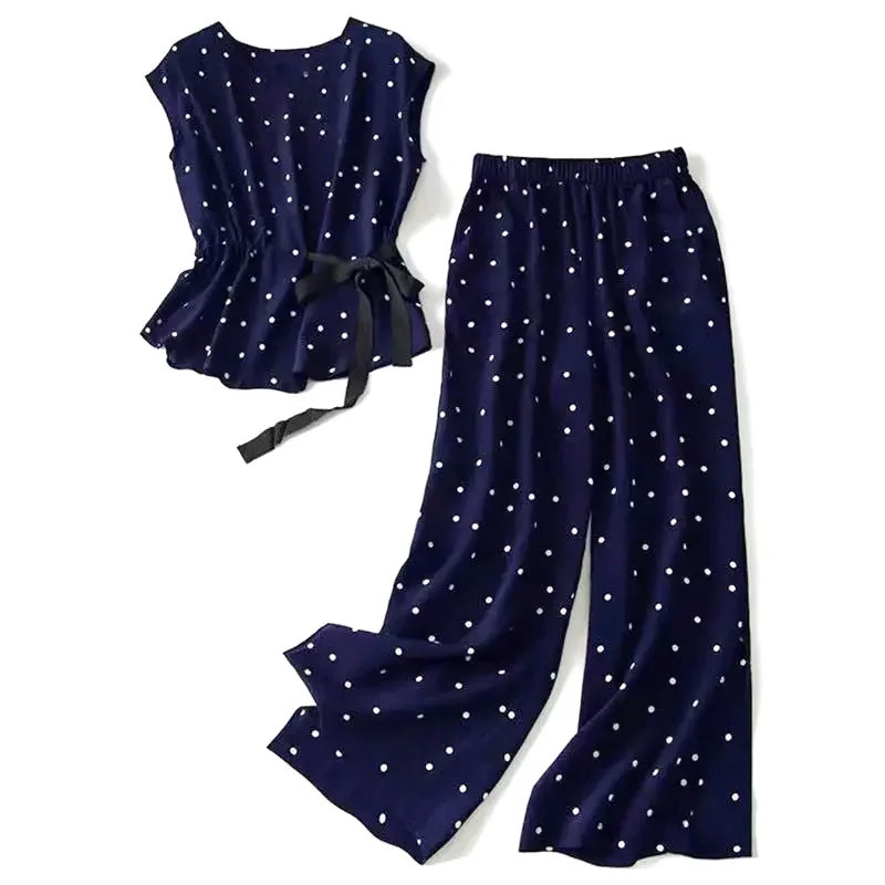 Two Piece Set Polka Dot ONeck Lace Up Short Sleeve Blouses Shirt Elastic High Waist Wide Leg AnkleLength Pants Sets For Women 251028