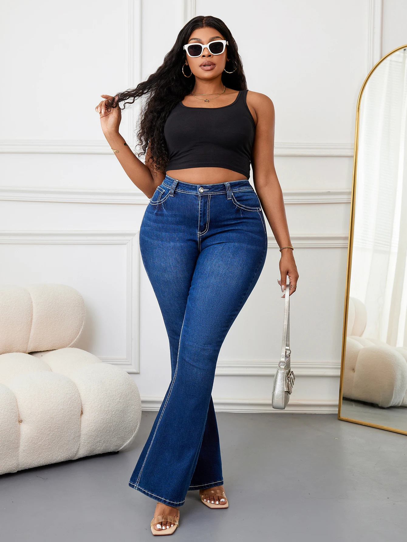 High Waist Blue Flared Jeans for Women Vintage Stretch Denim Pants Casual Clothing Slim Fit Elegant Trousers Regular Size Outfit 251029