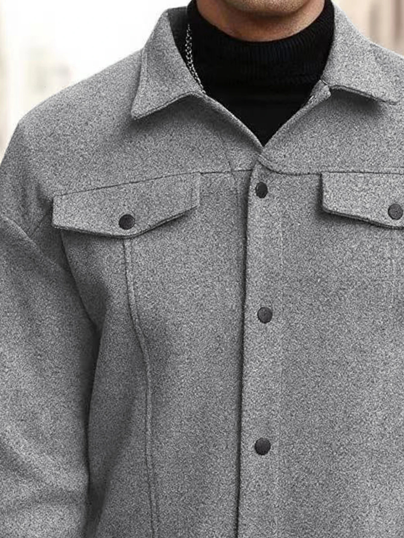 Autumn Mens Woolen Jacket Solid Color Coat Collar Button Front Flip Pocket 251029