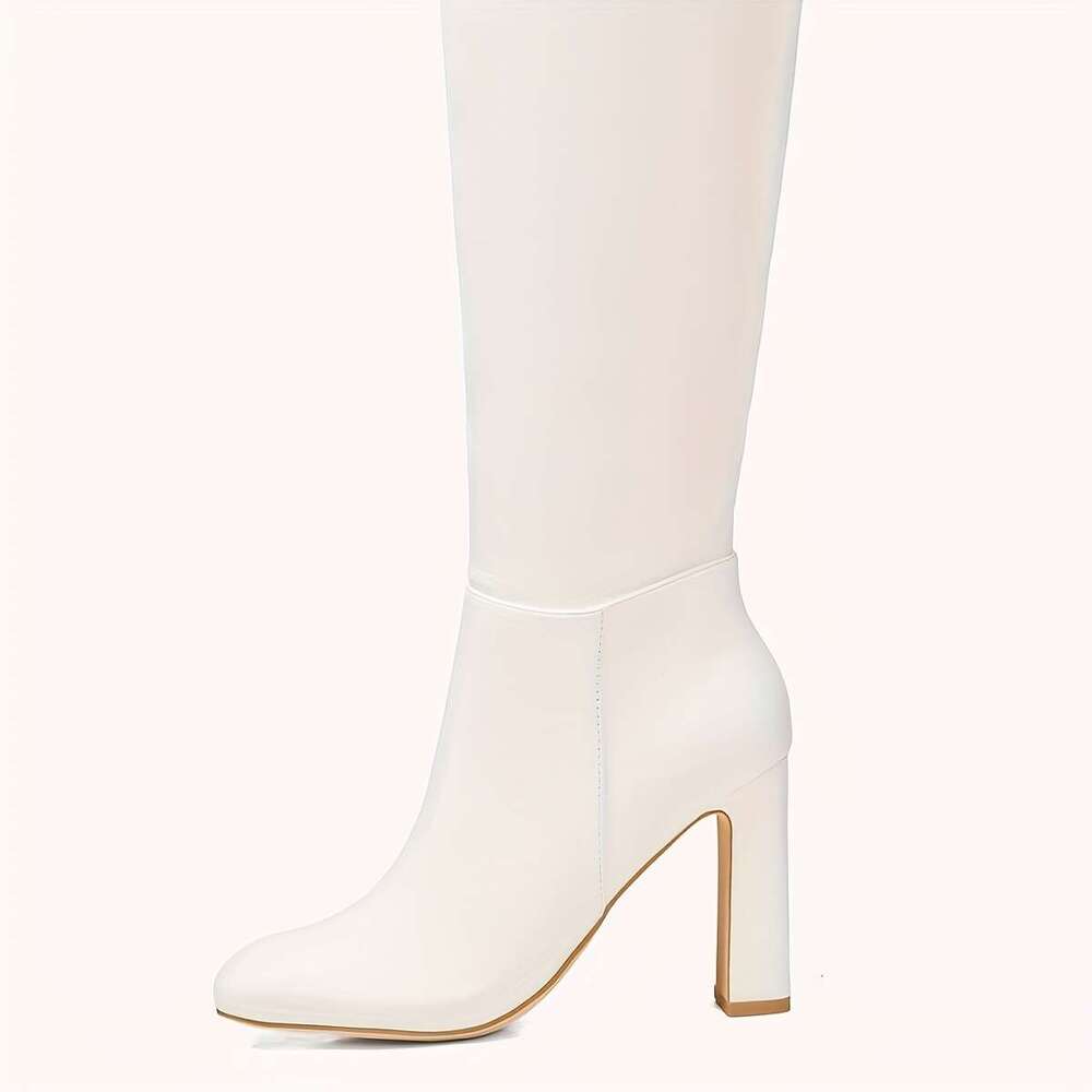Women's Chunky Heeled Knee High Boots Classic PU Cover Square Toe Zippered Tall Boot