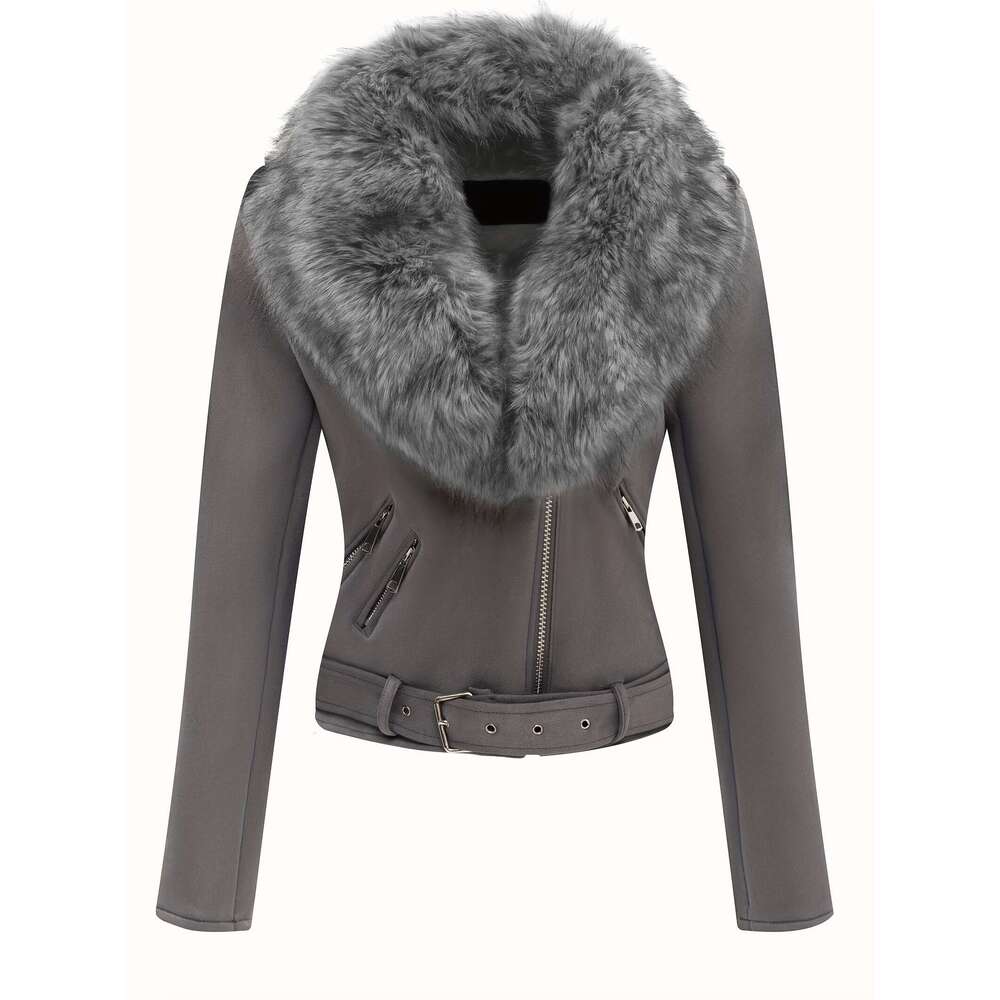 Women S Suede Motorcycle Jacket With Detachable Faux Fur Collar Stylish Winter Outerwear Black Zip Up Closure Long Sleeve Casual Chic Design