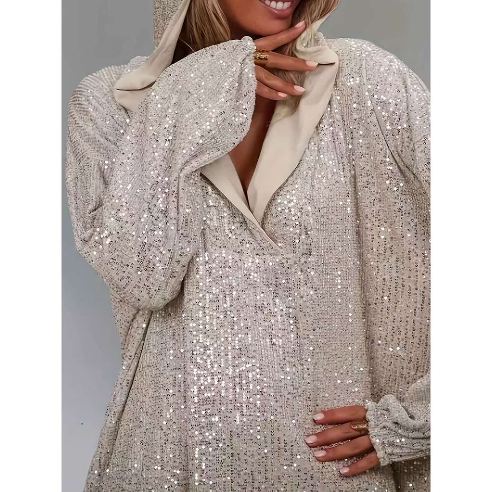 Women S Elegant Sequin Hoodie Long Sleeve Pullover With Drawstring Hood Shimmering Sequins Spring Fall Casual Formal Wear Solid Color Design Spring Fa
