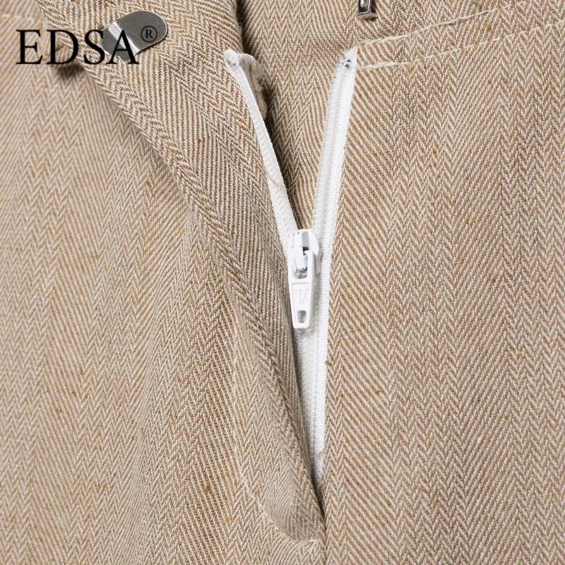 EDSA Women Khaki Herringbone Pants Set Cropped Jacket Long Sleeves Side Zip Lowrise Straight Leg Long Trousers Female Suits 251028