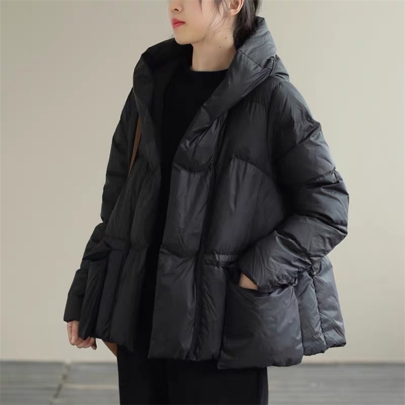 Loose Pocket Drawstring Short Duck Down Jacket Casual Winter Womens Zipper Hooded Solid Outerwear 251029