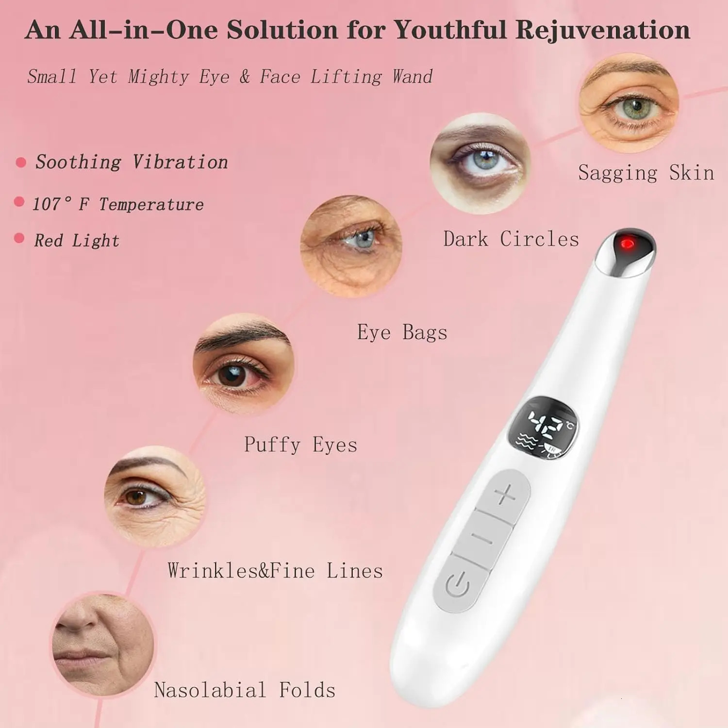 3 in 1 Eye Lift Beauty Device Vibrating Red Light 98F to 113F LCD Display Eye Massager Wand for Dry Eye Dark Circle Puffiness 251027