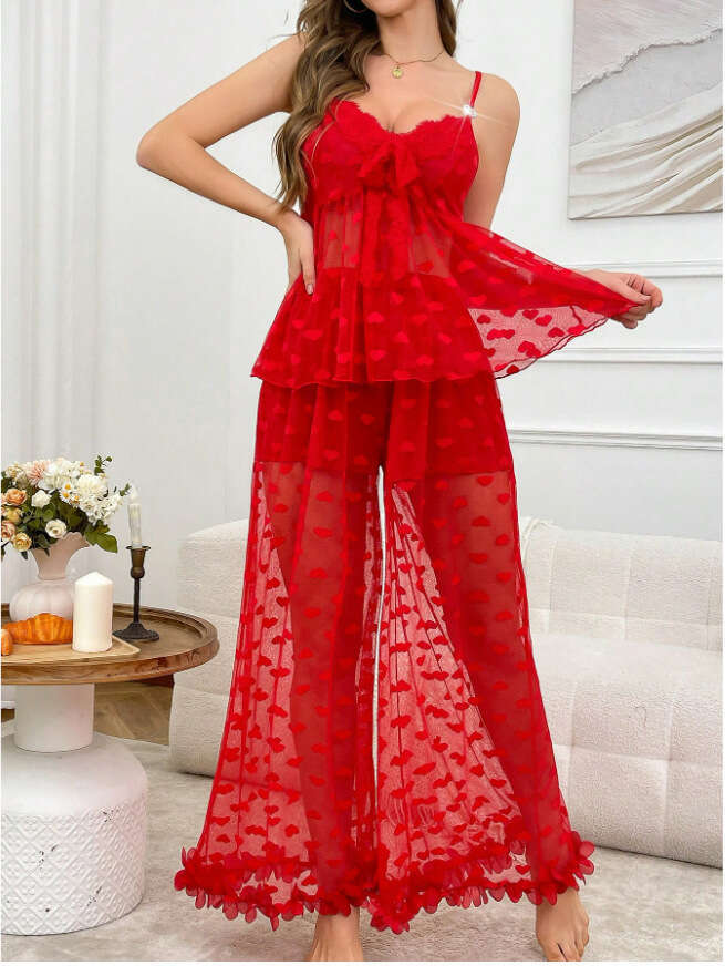 New Lingerie Sexy Women's Mesh Suspender See-through Love Heart Pajamas Home Clothes