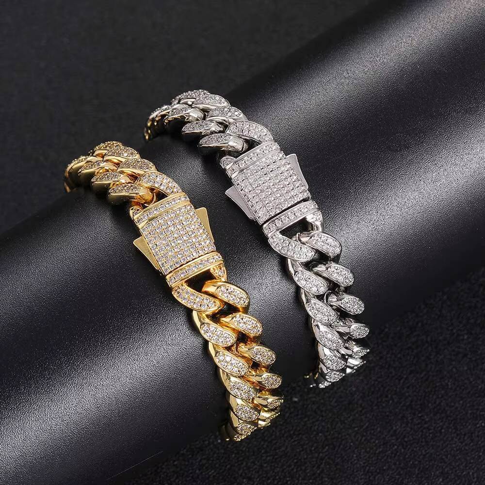 High Quality 12mm Hip Hop Chain Iced Out Cuban Bracelet Two Row moissanite Stone Gold Plated Cuban Bracelet for Men Designer's style