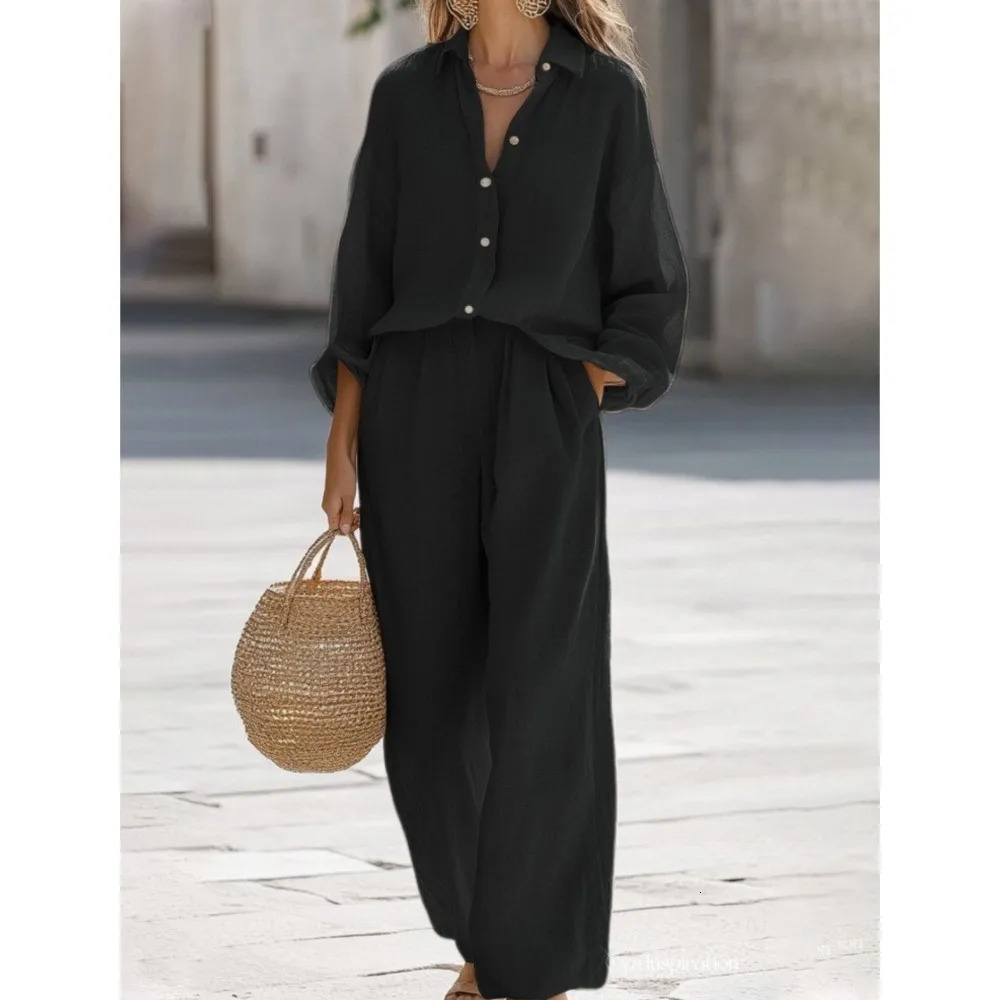 Casual Lapel Longsleeved Shirt Womens Trousers 2piece Set Autumn Fashion Loose Pocket Wideleg Trousers Female Suit 251029