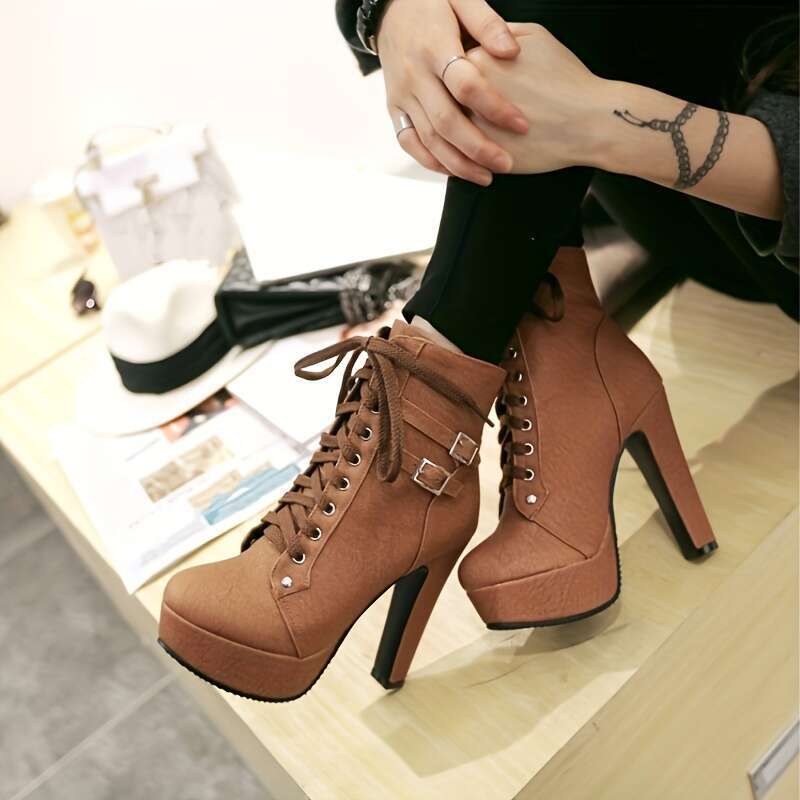 Women's Solid Color Block Heeled Fashion Lace Up Short Boots, Comfortable Ankle Boots