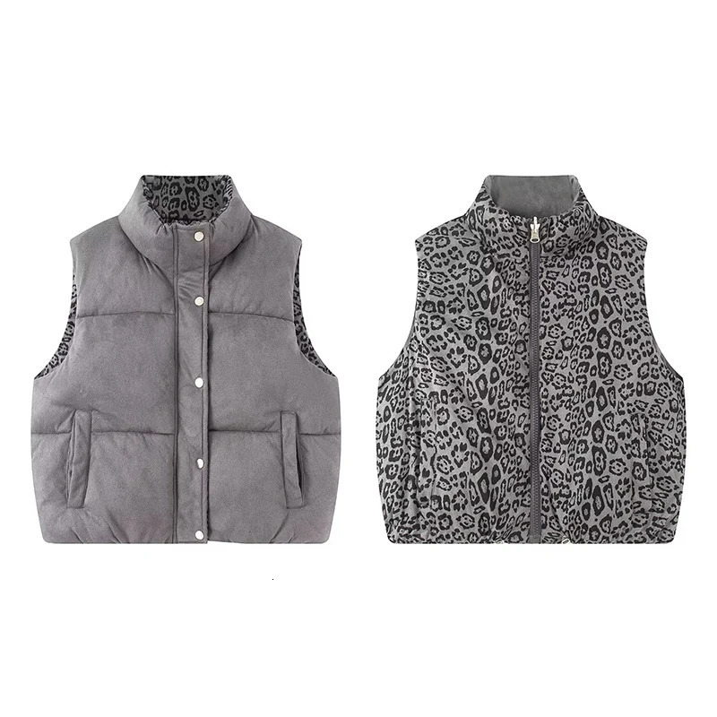 Autumn Winter Women Vest Fashion Wear On Both Sides Vintage Leopard Print Down Vests Coats Casual High Street Waistcoat Tops 251024