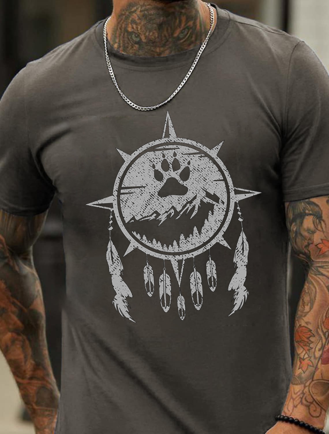 European & American Oversized Bear Paw Print Mountain Wind Chime Floral Pattern Men's Cotton Summer T-Shirt - TT7250