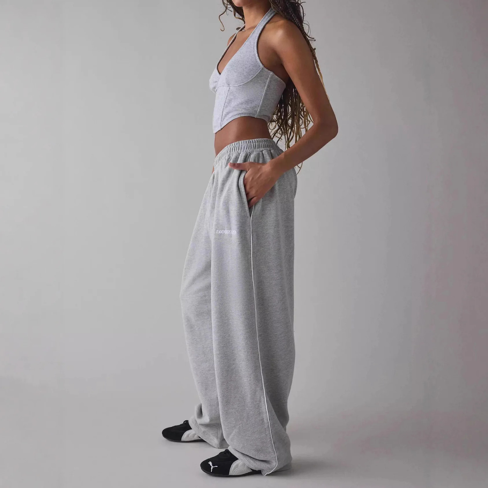 Pantalones Casuales Pink Embroidered Casual Pants For Women Loose And Comfortable Straight Elastic Waist Trousers 2025 251029