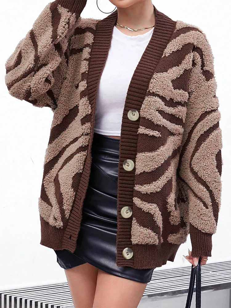 Zebra Stripes Long Sleeved Knitted Cardigan Women Autumn Winter Thick acquard Sweater Contrasting Color Soft Warm Jackets 251028