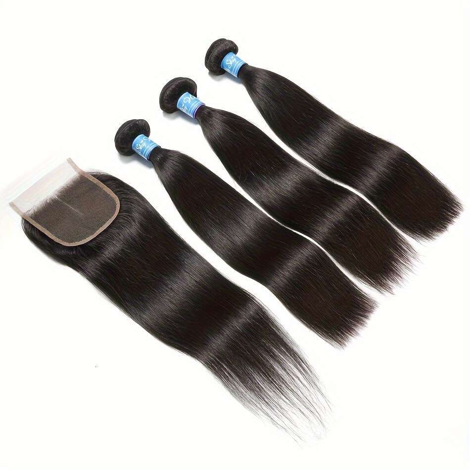 3 Bundles Brazilian Virgin Human Extensions 12A Straight 4X4 HD Closure - 100% Unprocessed Quick Weave Free Part Transparent Lace For, Versatile Styli