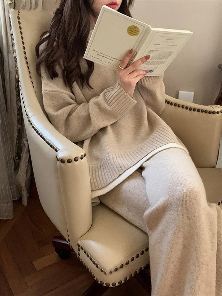 REALEFT Autumn Winter 2 Pieces Womens Sets Knitted Tracksuit Patchwork ONeck Sweater and Loose Wide Leg Pants Pullover Suits 251029